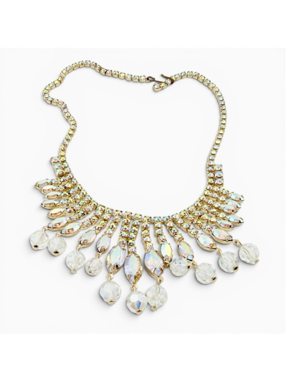 Vintage Aurora Borealis Rhinestone Necklace Gold Tone Fringe Bib Austrian Style - Picture 7 of 9